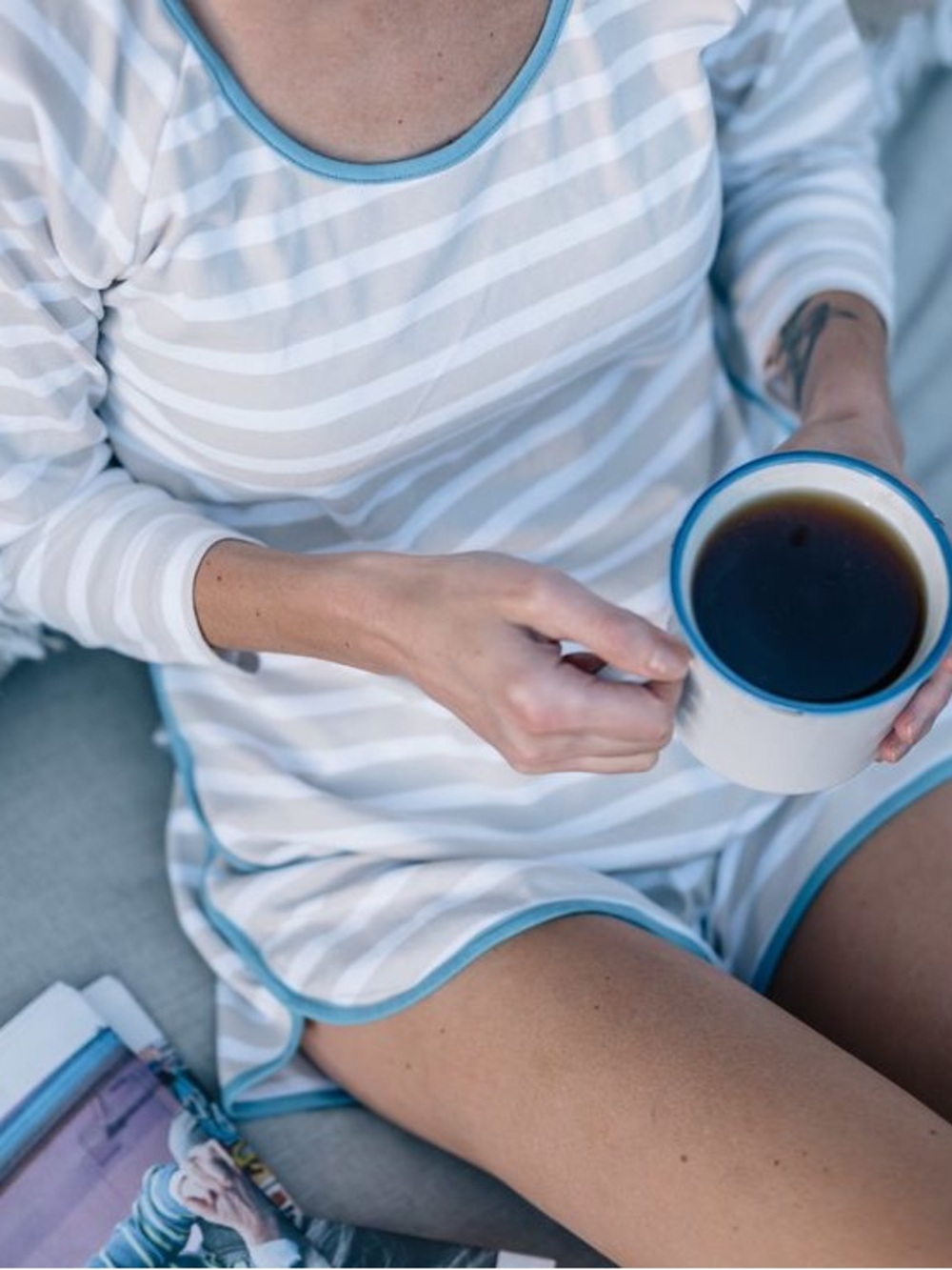 LAKE Pajamas Pima Cotton Striped 3/4 Sleeve Sleep Top Blue M